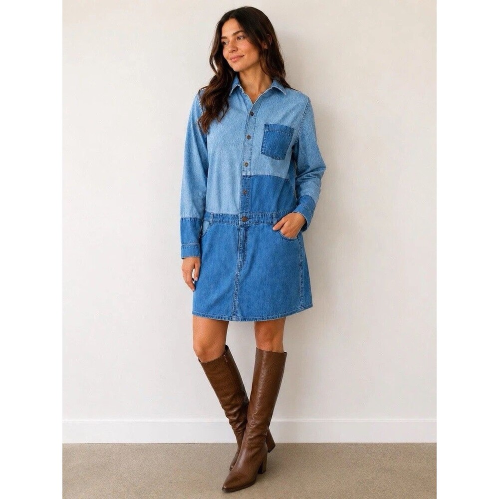 Current Elliott Two Tone Denim Shirt Dress Light Mid Wash Size 2 Mini Skirt